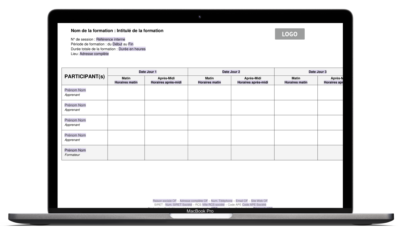 Mockup Feuille d'émargement de formation